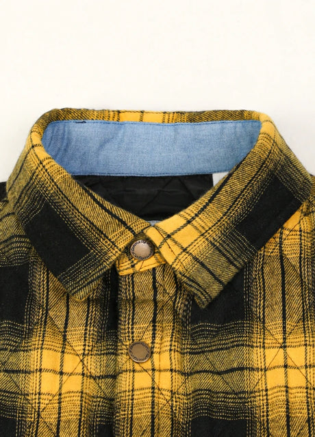 Close-up of the lapel of bold yellow men's quilted lined snap button plaid jacket