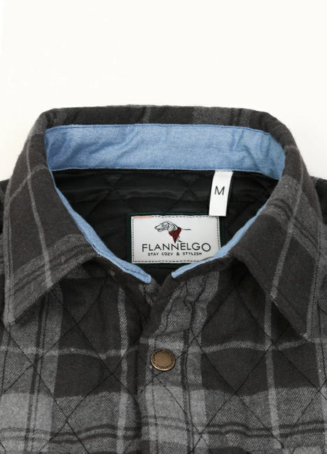 Close-up of the lapel of charcoal haze men's quilted lined snap button plaid jacket