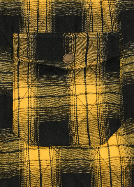 Close-up of the pocket of bold yellow men's plaid jacket with quilted lining