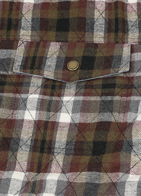 Close-up of the pocket of coffee white men's plaid jacket with quilted lining