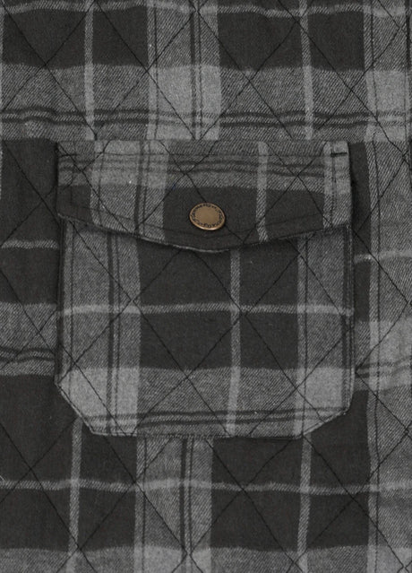 Close-up of the pocket of charcoal haze men's plaid jacket with quilted lining