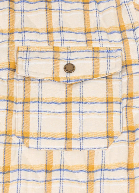 Close-up of the pocket of khaki men's plaid jacket with quilted lining