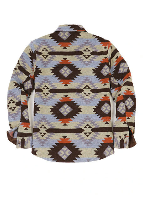 Back view of men's coffee and blue aztec shirt jacket