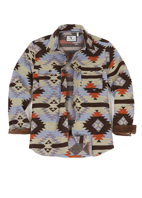 Front view of men's coffee and blue aztec shirt jacket