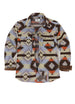 Front view of men's coffee and blue aztec shirt jacket