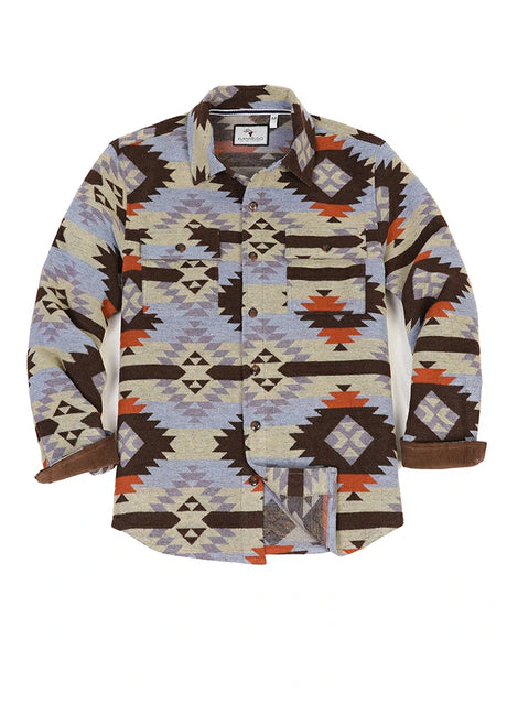 Front view of coffee and blue men's aztec shirt jacket buttoned