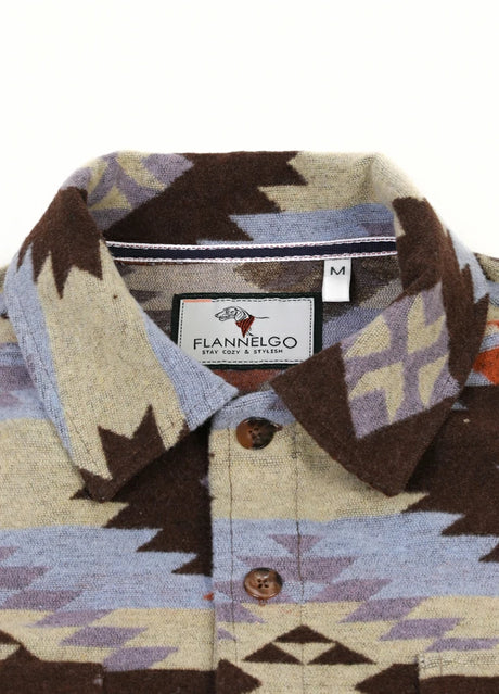 Close-up of the collar on men's aztec shirt jacket