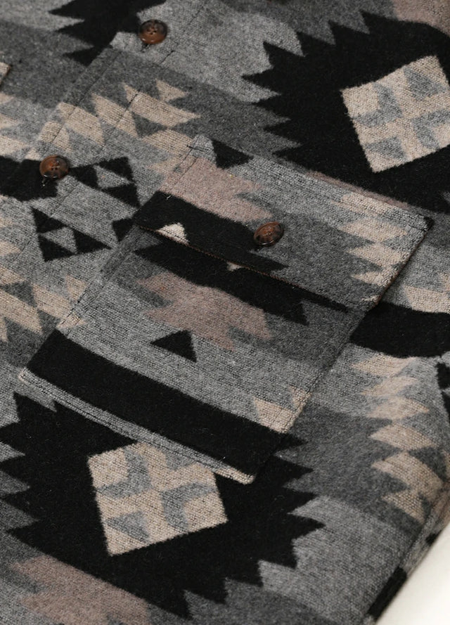 Close-up of pocket with button on black grey men's aztec shirt jacket