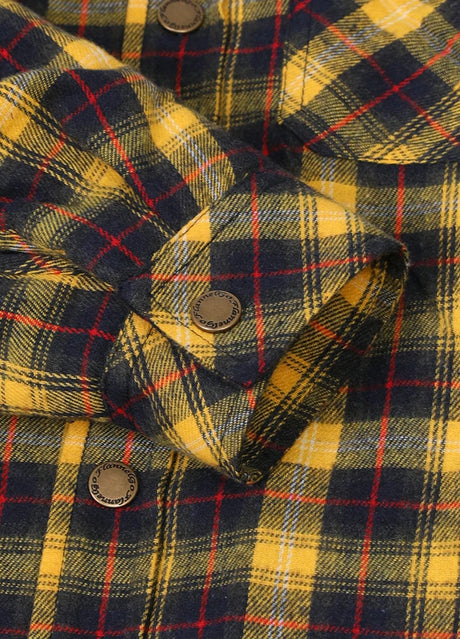 Detail of kid's yellow navy quilted lined flannel jacket cuff with button