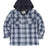 Front view of kid's grey blue quilted lined flannel jacket buttoned