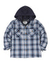 Front view of kid's grey blue quilted lined flannel jacket buttoned