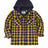 Front view of kid's yellow navy quilted lined flannel jacket buttoned