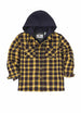 Front view of kid's yellow navy quilted lined flannel jacket buttoned