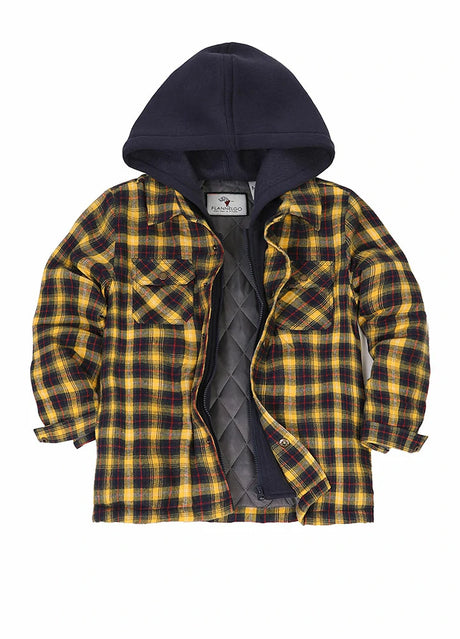 Front view of kid's yellow navy quilted lined flannel jacket