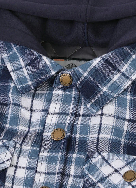 Zoomed-in view of the collar on kid's grey blue quilted lined flannel jacket