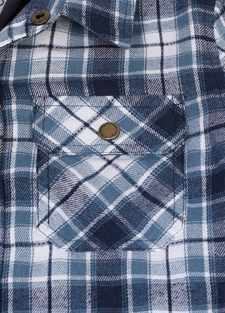 Closed-up of kid's quilted lined flannel jacket pocket with button