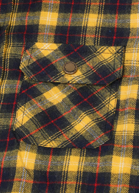 Detailed view of kid's yellow navy flannel jacket pocket with button