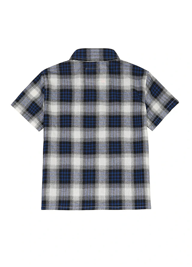 Back view of kids navy white soft flannel short sleeve shirt