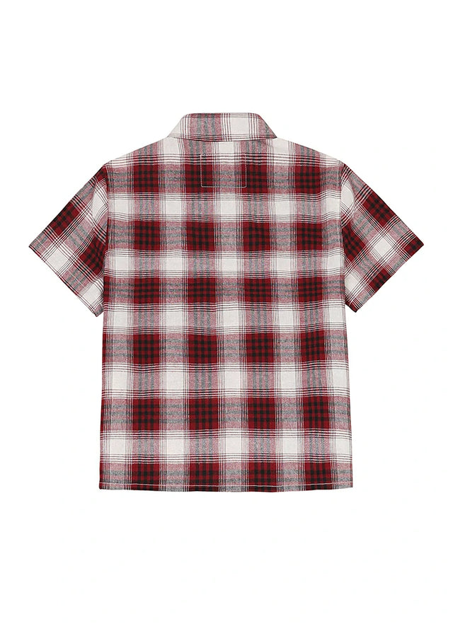 Back view of kids wine short sleeve button-up shirt