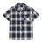 Front view of kids navy white short sleeve flannel shirt