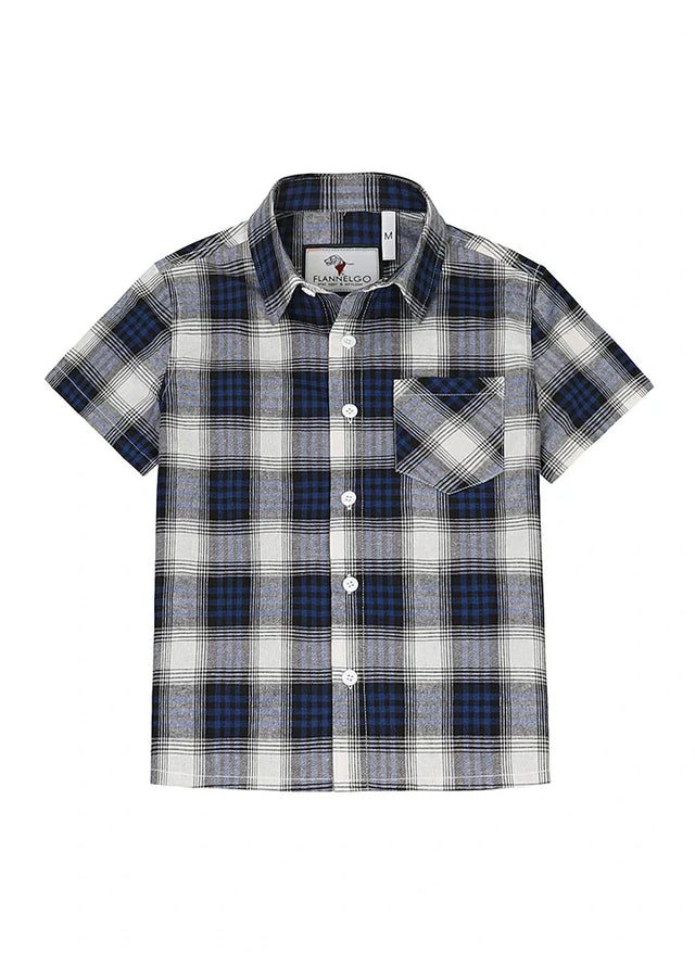 Front view of kids navy white short sleeve flannel shirt