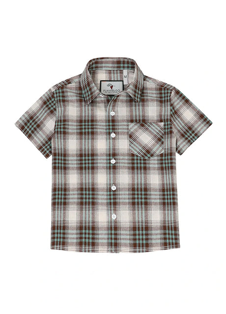 Front view of kids turquoise short sleeve flannel shirt buttoned