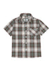 Front view of kids turquoise short sleeve flannel shirt buttoned