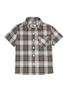 Front view of kids turquoise short sleeve flannel shirt buttoned