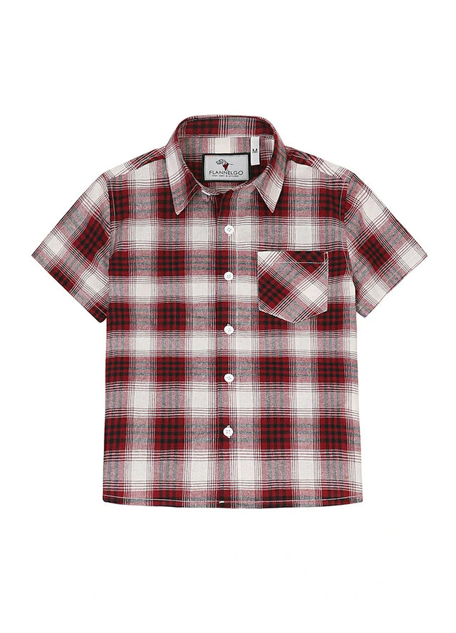 Front view of kids wine short sleeve flannel shirt