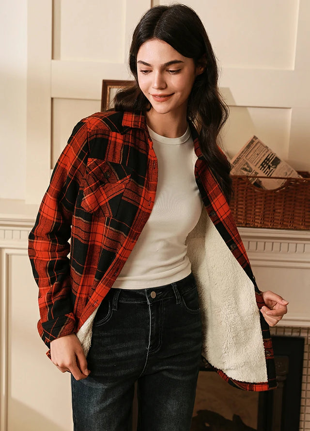 Women's Sherpa Lined Flannel Shirt Jacket,Button Down Flannel Shacket