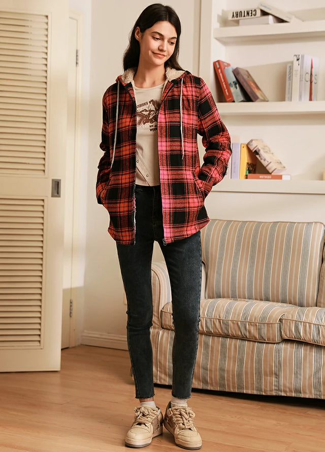 Women's Sherpa-Lined Flannel Jacket Full Zip Up Hooded Plaid Shirt