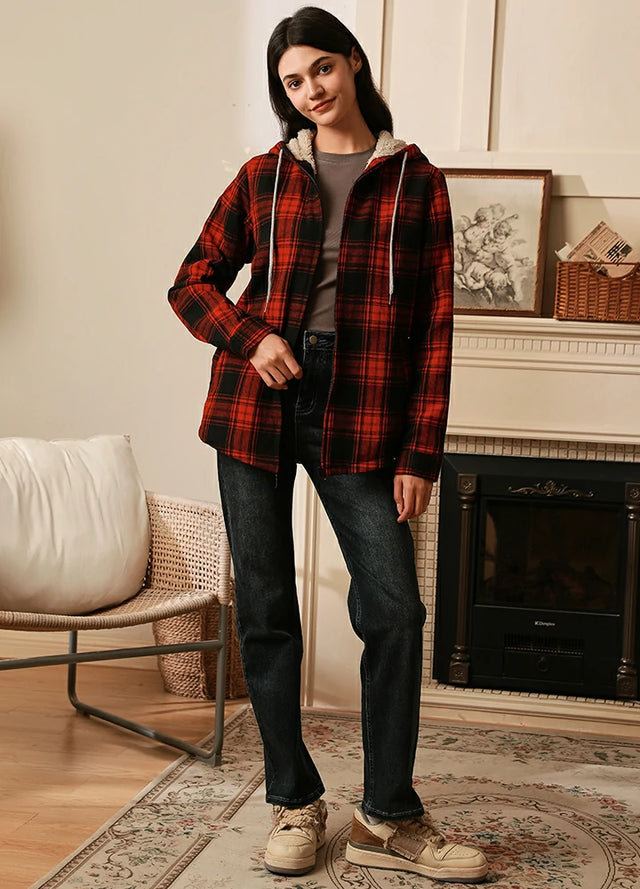 Women's Matching Family Zip Up Red Plaid Flannel Hoodie