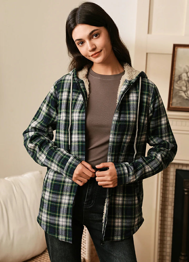 Women's Sherpa-Lined Flannel Hoodie, Full Zip Up