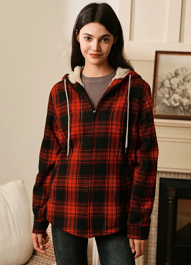 Women's Sherpa-Lined Flannel Jacket Full Zip Up Hooded Plaid Shirt