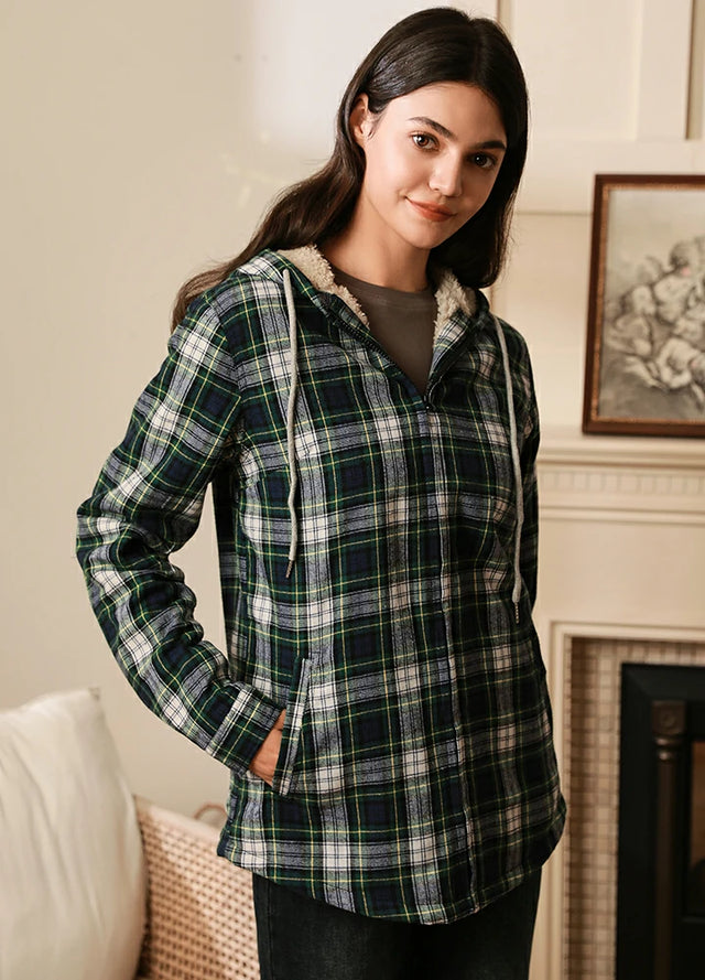 Women's Sherpa-Lined Flannel Hoodie, Full Zip Up