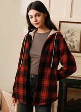 Women's Sherpa-Lined Flannel Jacket Full Zip Up Hooded Plaid Shirt