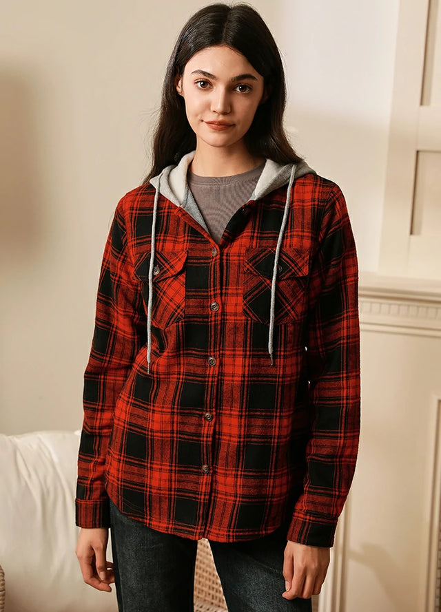 Women's Fleece Lined Flannel Shirt,Button Down Plaid Hooded Jacket