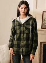 Women's Fleece Lined Flannel Shirt,Button Down Plaid Hooded Jacket