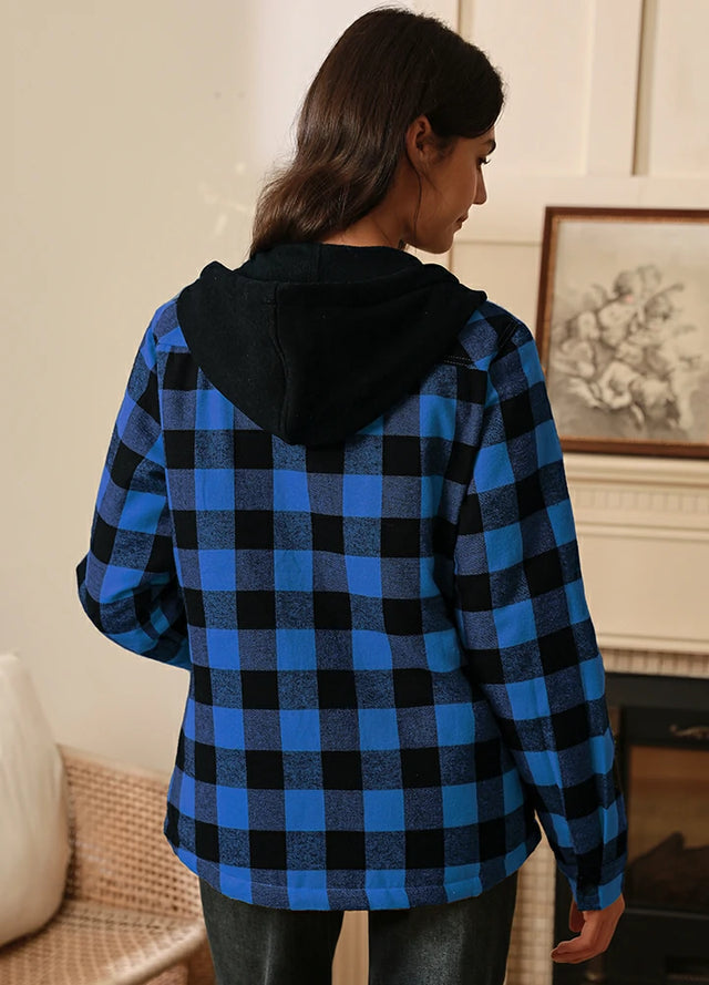 Women's Quilted Lined Hooded Plaid Flannel Shirt Jacket with Hood