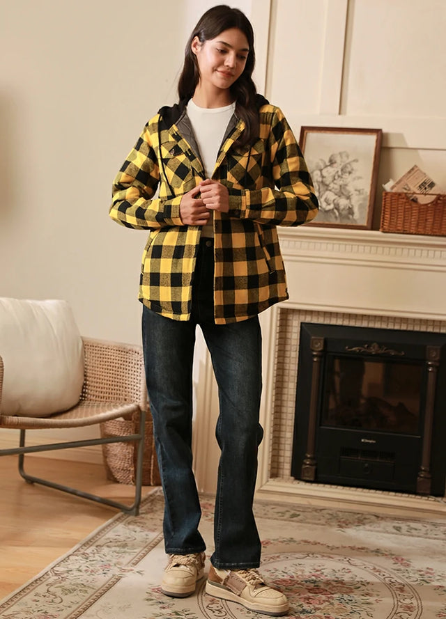 Women's Matching Family Buffalo Yellow Quilted Lined Flannel Hoodie