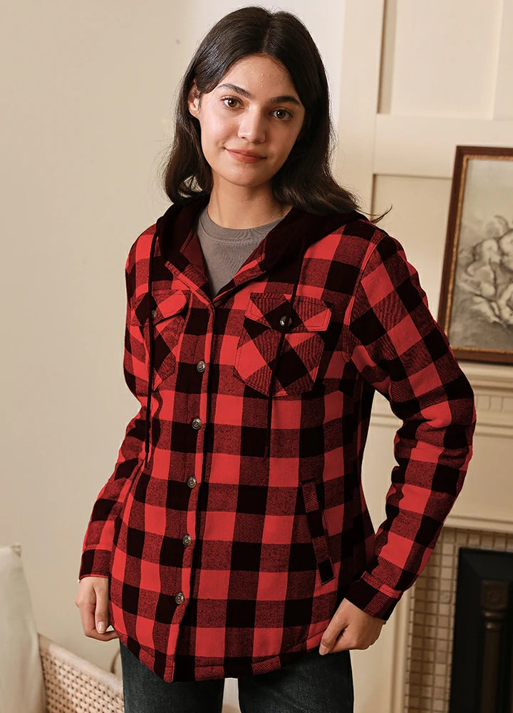 Women's Quilted Lined Hooded Plaid Flannel Shirt Jacket with Hood