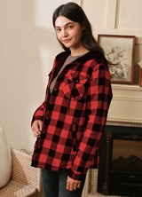 Women's Quilted Lined Hooded Plaid Flannel Shirt Jacket with Hood