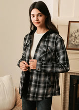 Women's Quilted Lined Hooded Plaid Flannel Shirt Jacket with Hood