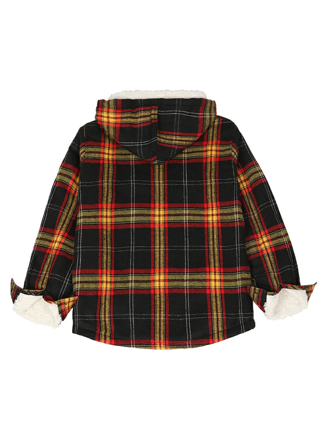 Back view of boys ebony gold flannel jacket