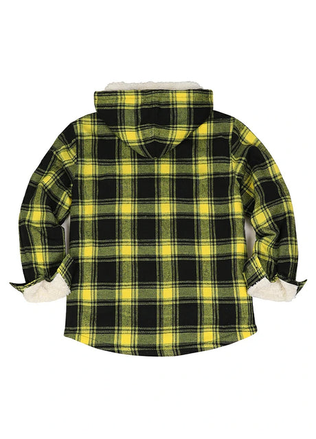 Close-up of the back of the boys mango yellow flannel jacket