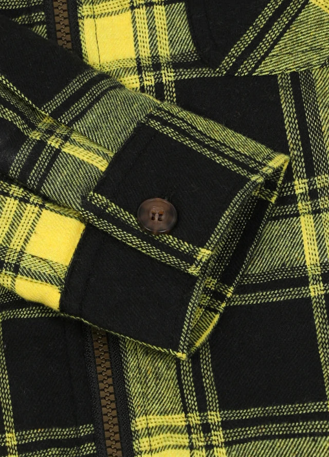 Close-up of boys mango yellow flannel jacket with cuff