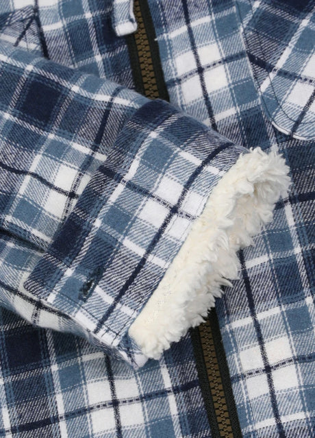 Close-up of the interior of boys oceanic delight flannel jacket with cuff