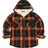 Front view of boys ebony gold flannel jacket with hood standing up