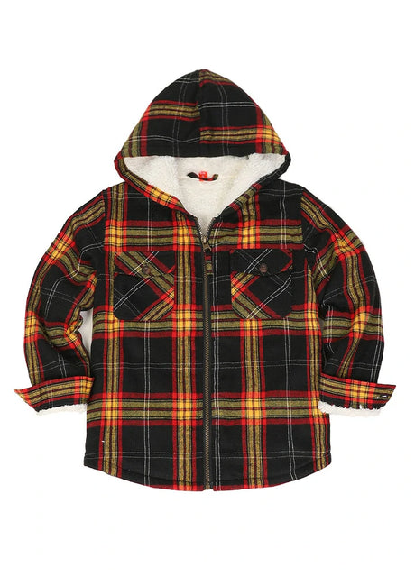 Front view of boys ebony gold flannel jacket with hood standing up