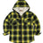 Front view of boys mango yellow flannel jacket with hood standing up